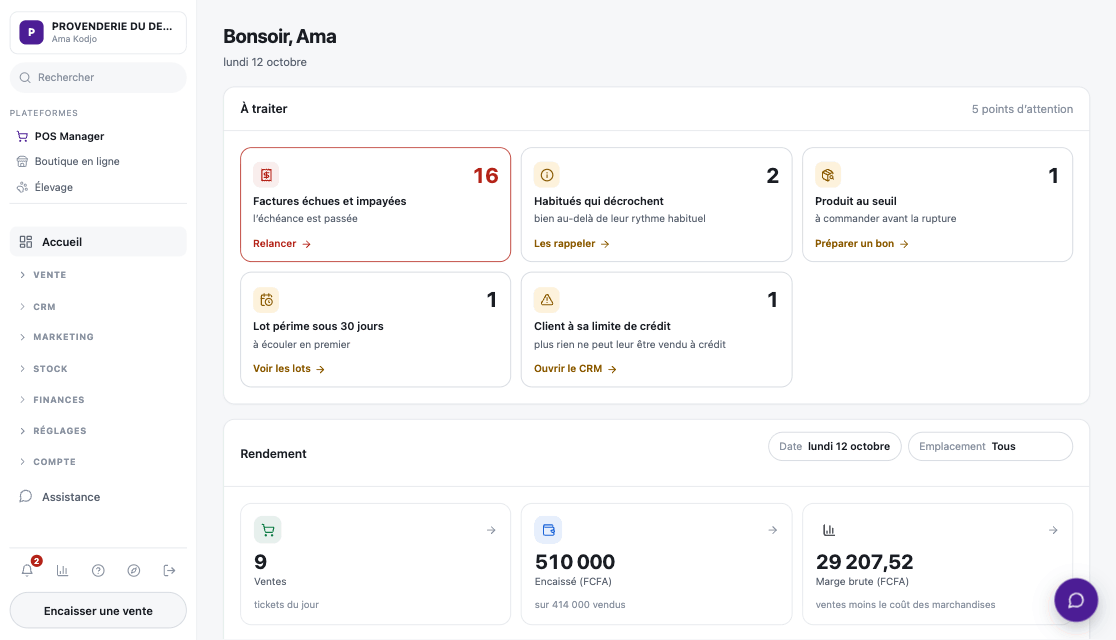 L’accueil de POS Manager : ce qui demande l’attention du commerçant, dont 16 factures échues et impayées et un produit à commander, puis le rendement du jour, 9 ventes et 510 000 francs CFA encaissés.